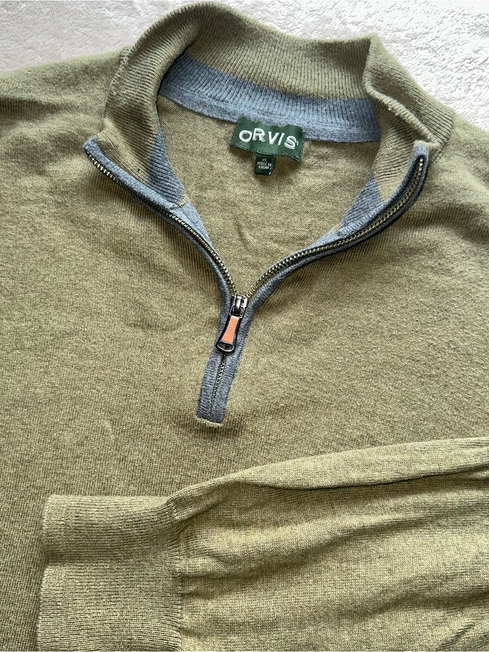 Orvis Sweater Mens XL Olive Green Cotton Silk Cashmere Quarter Zip Pullover